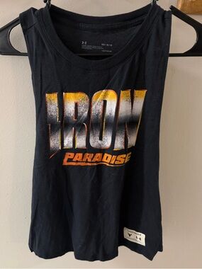 Under Armour Black Muscle Tank with Orange and White 'IRON PARADISE' Graphic